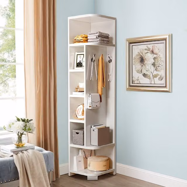 Komore Modern White Corner Storage Rack with Hooks, W/D/H: 30 x 30 x 180 cm