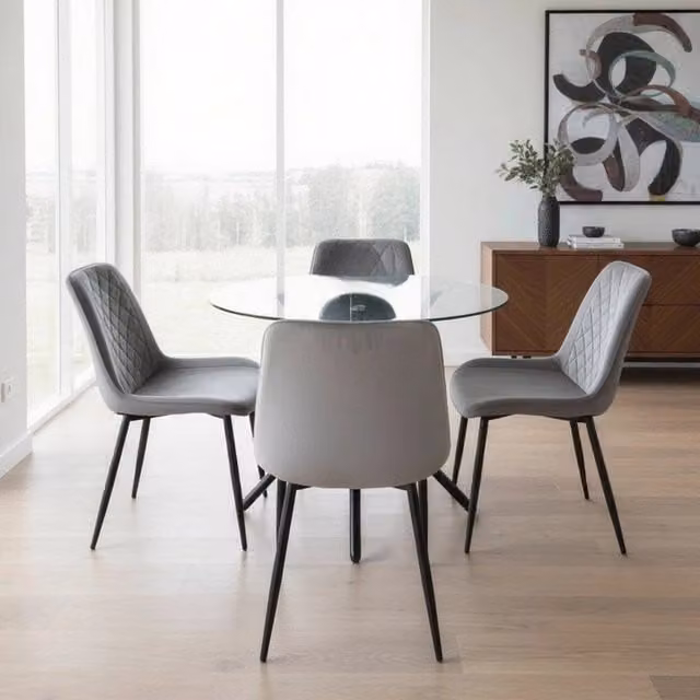 Madefor.living New York Round Glass Dining Table and Amelia Velvet Chairs Set in Grey