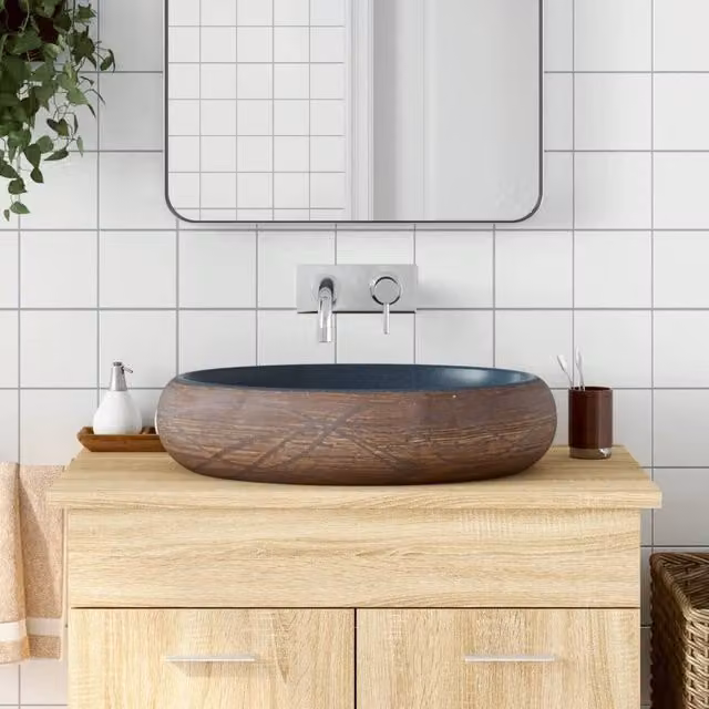 Berkfield Home Oval Ceramic Countertop Basin in Brown and Blue, W: 59 cm, D: 40 cm, H: 15 cm – 1
