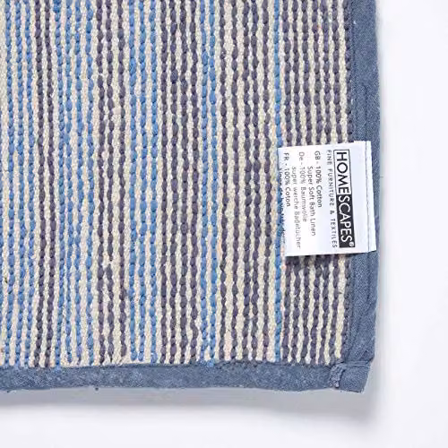HOMESCAPES Devon Blue and White Striped Cotton Bath Mat with Non-Slip Backing, W: 50 cm, D: 80 cm – 5