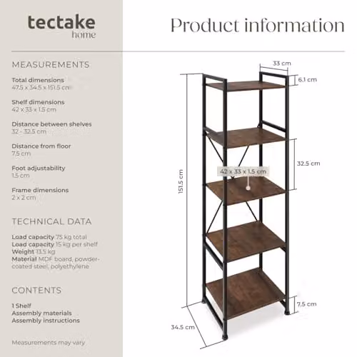 tectake Industrial Bookcase with 5 Adjustable Shelves and Steel Frame, Brown, W/D/H: 47.5 x 34.5 x 151.5 cm – 3