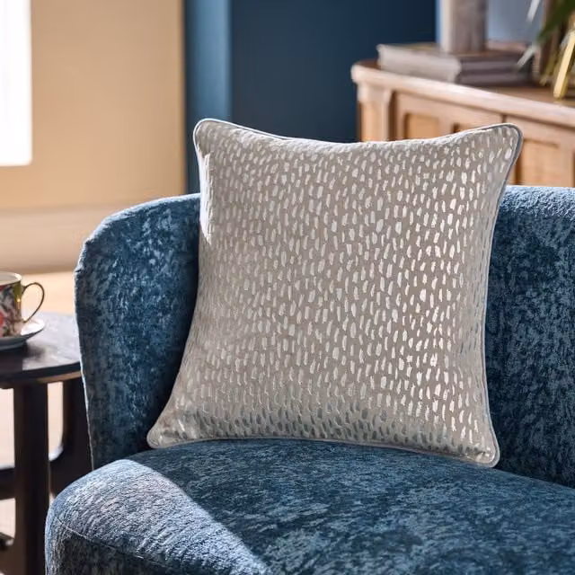 Clarke & Clarke Loxley Silver Feather Filled Square Velvet and Cotton Cushion W/D/H: 43 x 43 x 43 cm