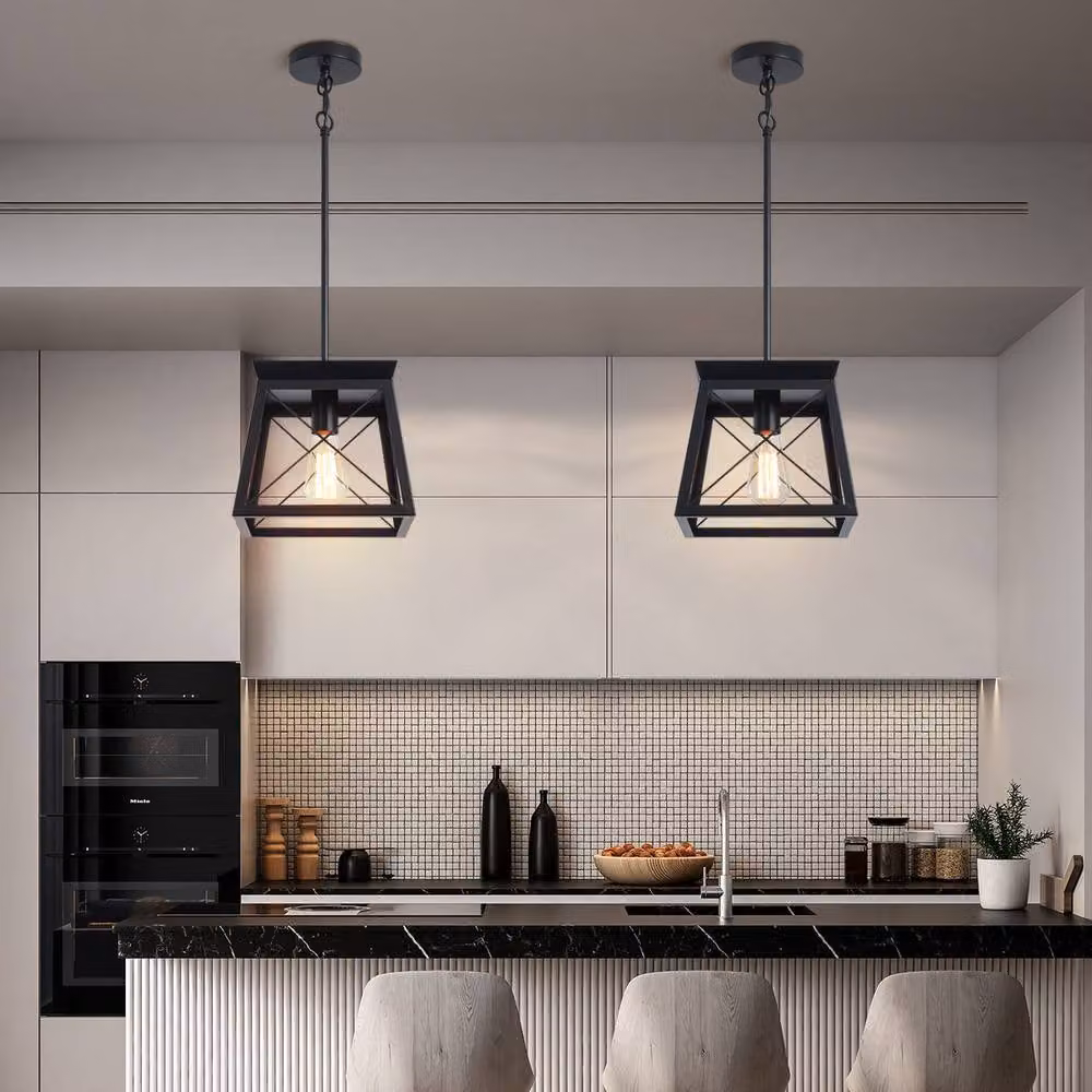 NIVOR Black Metal Farmhouse Pendant Light, Adjustable Industrial Cage Lantern Chandelier with Transparent Glass – 4