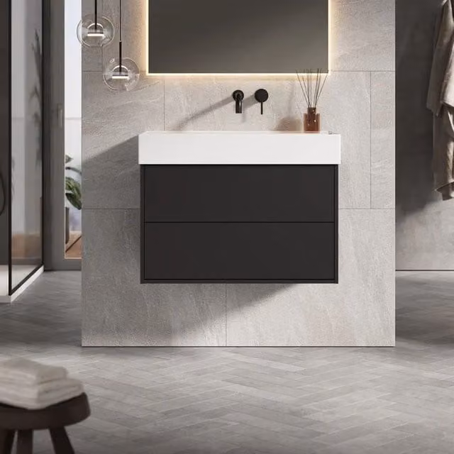 Banyetti Venti 800mm Wall Hung Vanity Unit with Veneto No Tap Hole Basin, Matt Black