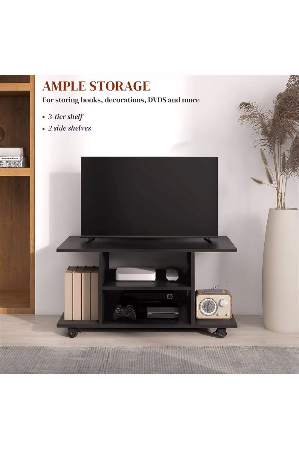 ERGOVEXA Black Glossy TV Cabinet Stand with Mobile Castors and Storage Shelves, W: 80.0 cm, D: 40.0 cm, H: 40.0 cm – 2
