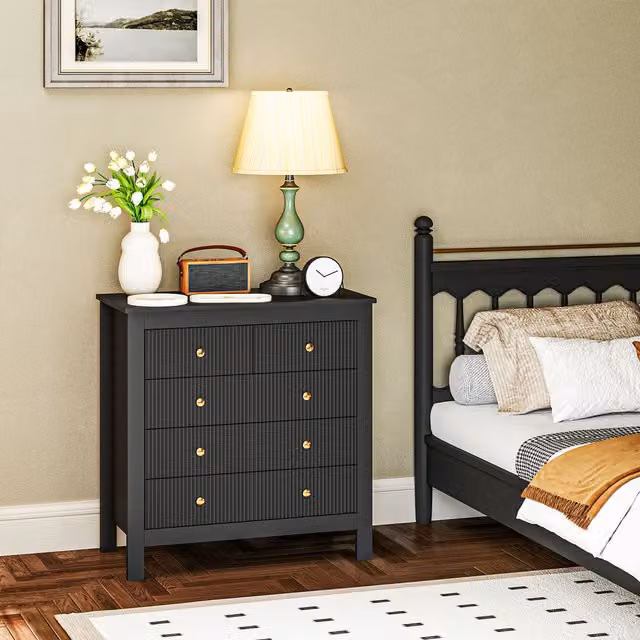 HOMCOM Fluted Bedroom Chest of Drawers with 5 Drawers and Gold Tone Handles in Black – 1