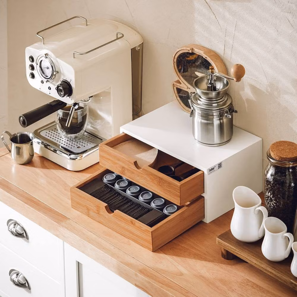 SoBuy Coffee Capsule Holder with Bamboo Drawers in White – 5