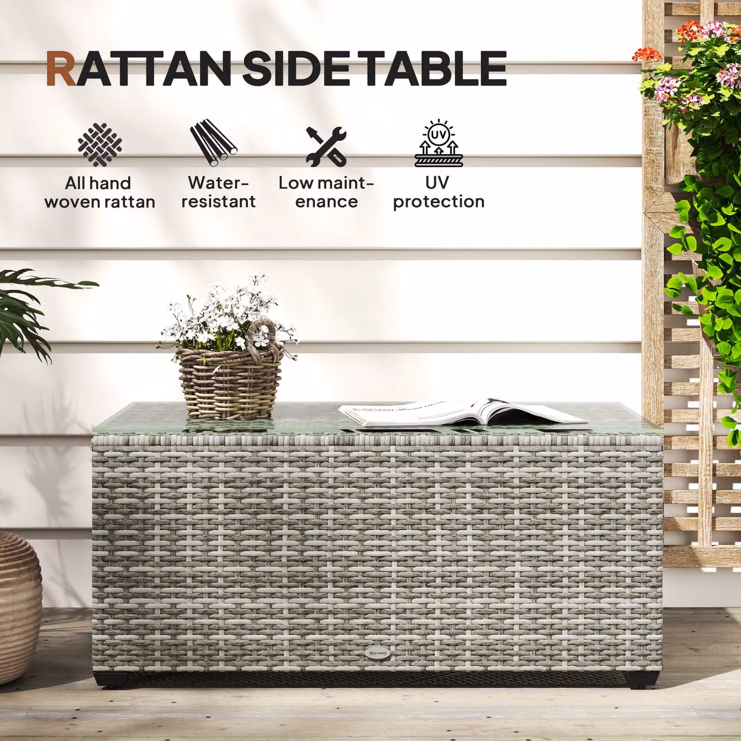Outsunny Grey Rattan Garden Side Table with Glass Top, W: 90 cm, D: 50 cm, H: 38 cm – 4