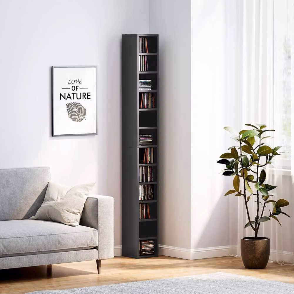 Wyld Haus Nisapa Black Wood Tall Narrow Media Storage Tower H: 175 cm, W: 21 cm, D: 20 cm – 9
