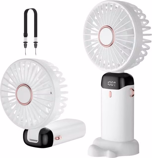 Dyzi 2-in-1 Portable Mini Handheld Desk Fan, USB-C Rechargeable, White