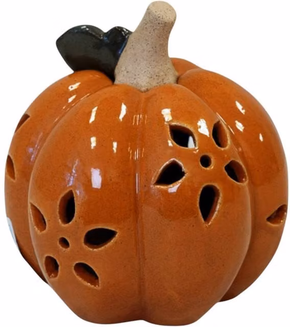Four Candle Ceramic Pumpkin LED Timer Decoration with Cutout Detail in Orange