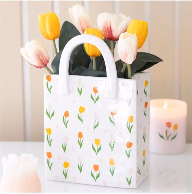 KDMD Tulip Print Ceramic Bag-Shaped Flower Vase in White