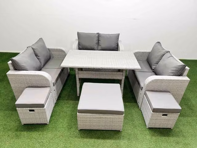 Fimous 9 Seater PE Wicker Rattan Garden Furniture Set in Light Grey with Rectangular Glass Top Dining Table, 2 Seater Love Sofa and 3 Stools