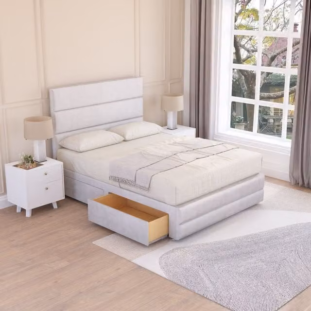 Sloomy Monaco Upholstered Velvet Bed Base with 2 Drawers and Headboard, Silver, W/D/H: 200 x 200 x 66.04 cm