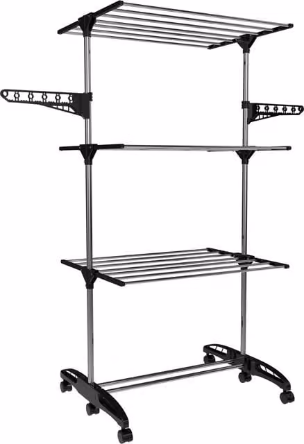 Hyfive 3 Tier Portable Clothes Drying Rack with Wheels, Black, H 136 x W 60 x D 20 cm