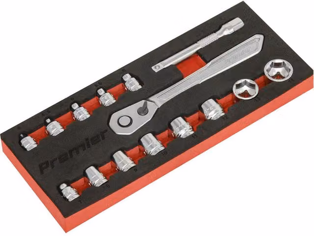 Loops 15 Piece Low Profile Socket Set with 1/4 Inch Metric Square Drive 6 Point Sockets and Ratchet Handle in Silver Chrome Vanadium Steel