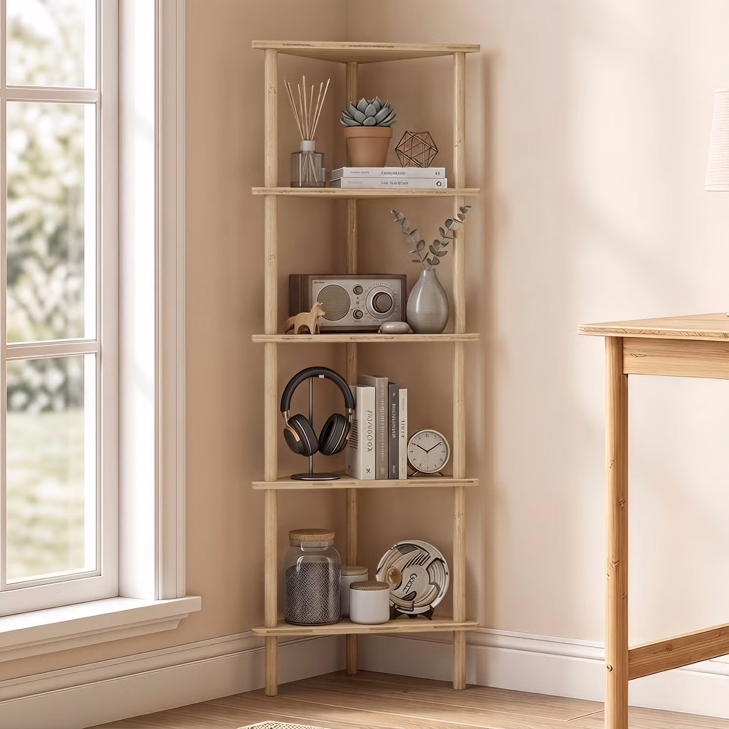 HOMCOM 5-Tier Bamboo Corner Storage Shelf, Freestanding Minimalist Shelving Unit in Brown, W/D/H: 41.5 x 21.5 x 114 cm – 2