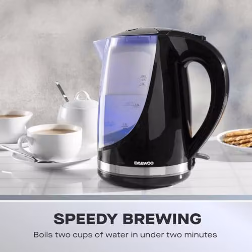 Daewoo LED Colour Changing Glass and Stainless Steel Kettle with 1.7 l Capacity, Black – 3