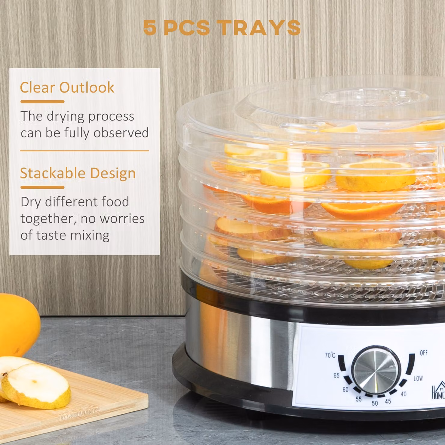HOMCOM 5 Tier Food Dehydrator, 250W Stainless Steel Food Dryer Machine with Adjustable Temperature for Drying Fruit, Meat and Vegetables, Silver – 3