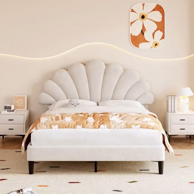 Matteo Luxury Beige Velvet Upholstered Double Bed Frame with Adjustable Petal Headboard and Solid Wood Slats, W/D/H: 140 x 200 cm – 1