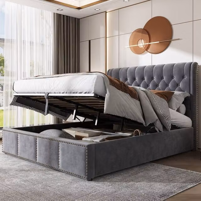ModernLuxe Upholstered Double Bed with Hydraulic Lift-Up Storage in Grey, W/D/H: 140 x 200 cm