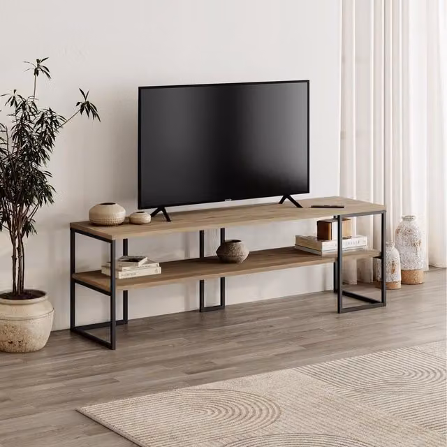 HOCUS PICUS Modern Oak and Black Metal TV Stand, W/D/H: 140 x 33.5 x 45 cm