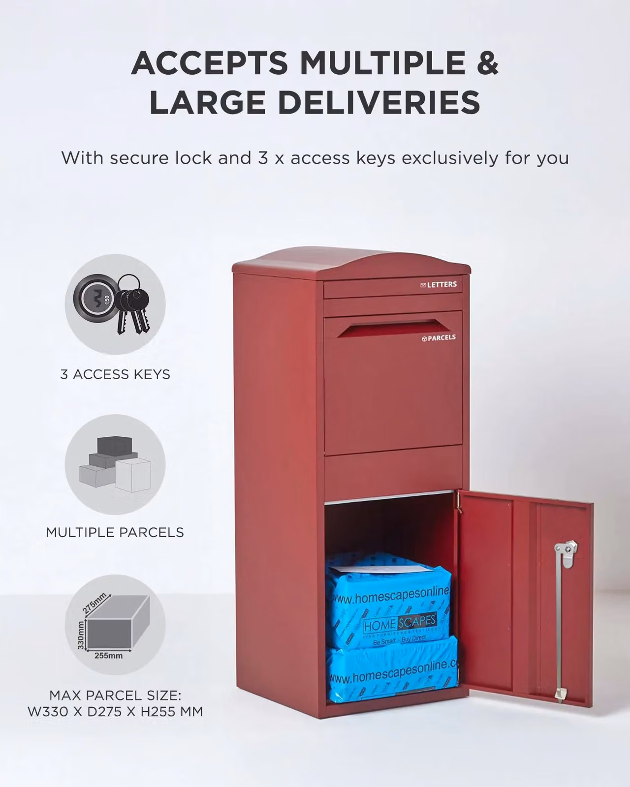 Homescapes Smart Parcel Box Large Curved Top Front Access Secure Delivery Box in Red – 5