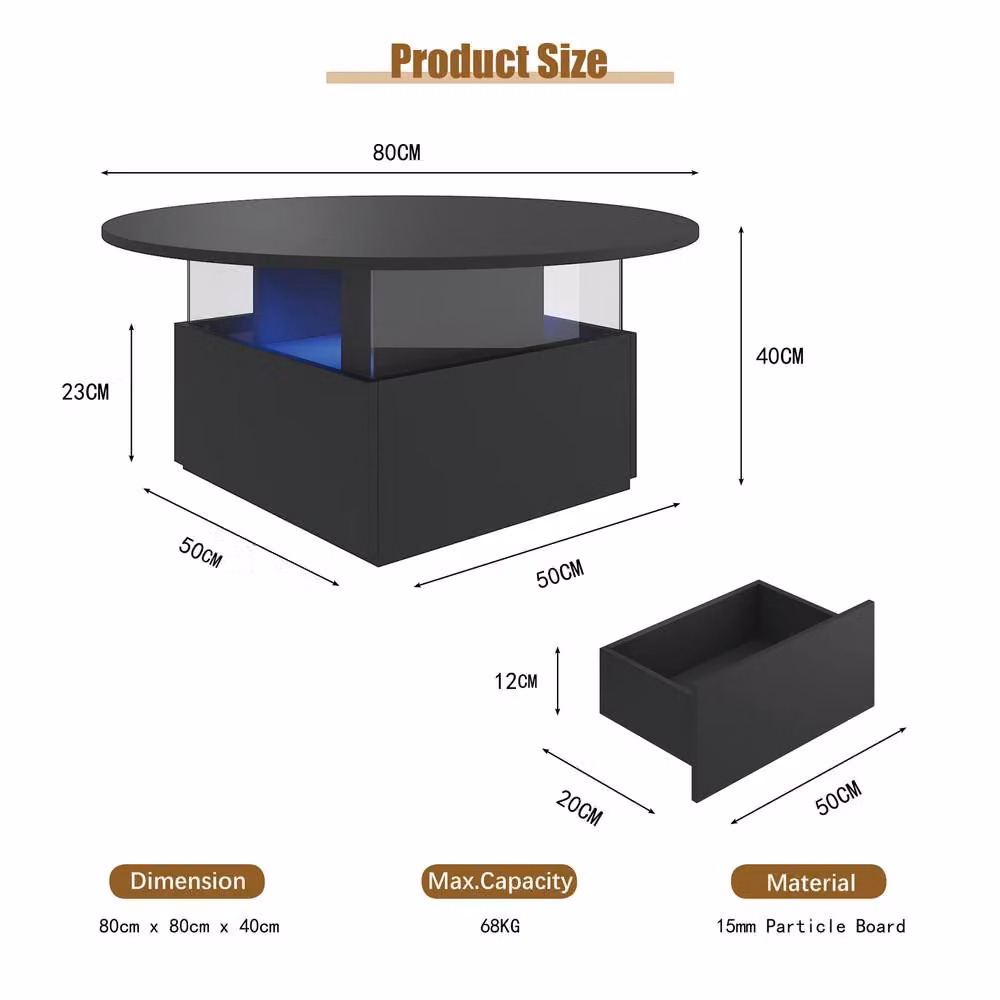 KEEPREAPER Modern Round Coffee Table with Storage and LED in Black – 5