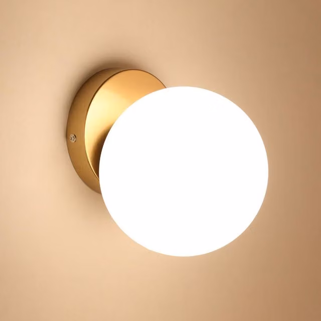 Pheashine Vintage Globe Wall Sconce in Gold with White Opal Glass Shade, E27 Base