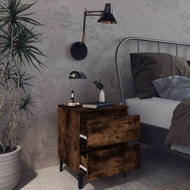 Berkfield Home Sturdy Bed Cabinet with Metal Legs in Smoked Oak Brown, W/D/H: 40 x 35 x 50 cm – 1