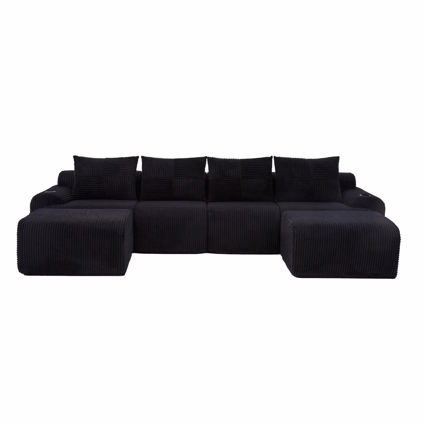 Aosom UK 4-Seater Modular Cord Fabric Sectional Sofa with 2 Ottomans and Integrated Cup Holders, Black, W: 333 cm, D: 174 cm, H: 80 cm – 2