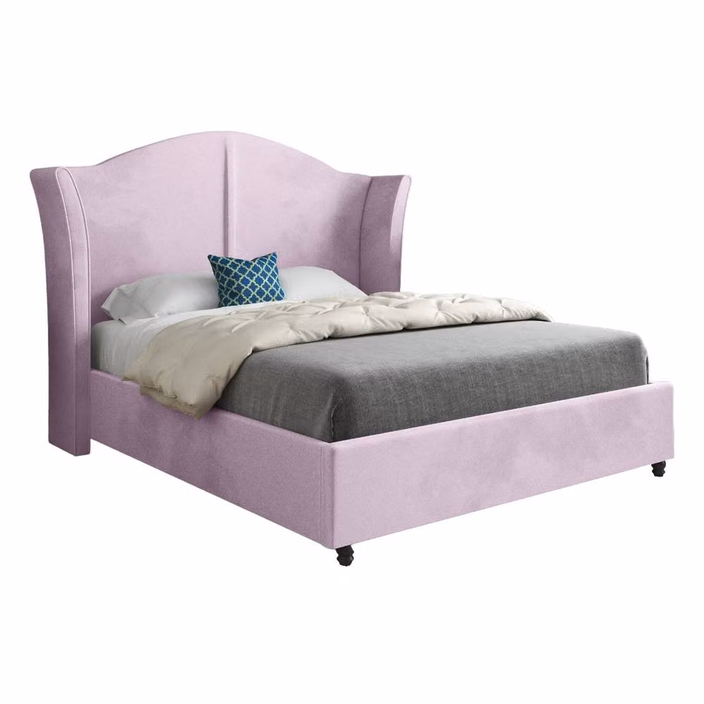 KDMD Yorkley Curved Winged Upholstered Designer Bed Frame in Pink Soft Velvet, W/D/H: 180 x 200 cm – 2