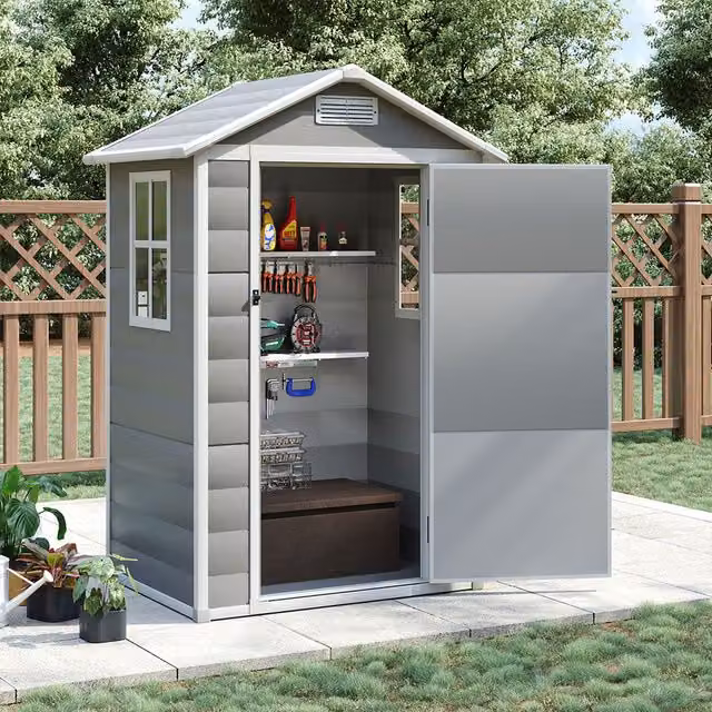 Breeins Lockable Waterproof Plastic Garden Storage Shed with Window in Grey
