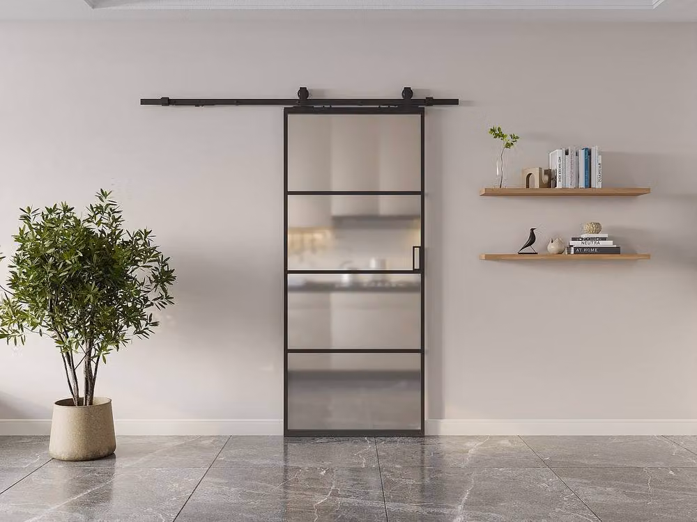 Vente-unique Flush-Mount Industrial Sliding Door in Black with Aluminium and Frosted Glass, H: 205 cm – 2