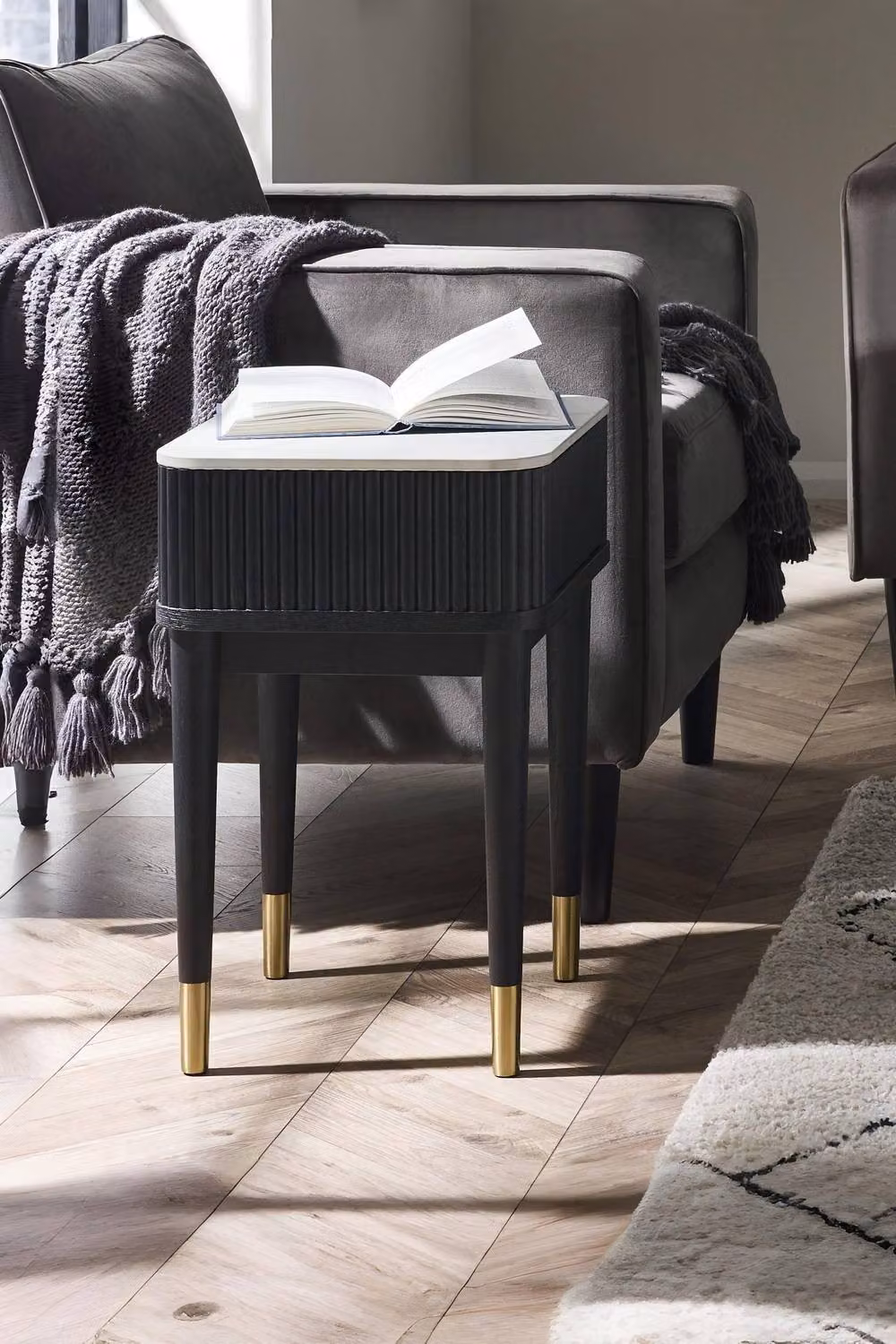 Julian Bowen Louis Fluted Stone Top Lamp Table with Drawer, Ash Wood, White Marble and Black, W/D/H: 40 x 35 x 56 cm – 7