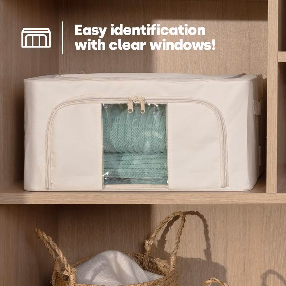 LIVIVO 3 Pack Foldable and Stackable Underbed Storage Bags with Clear Window and Steel Frame in Beige – 4