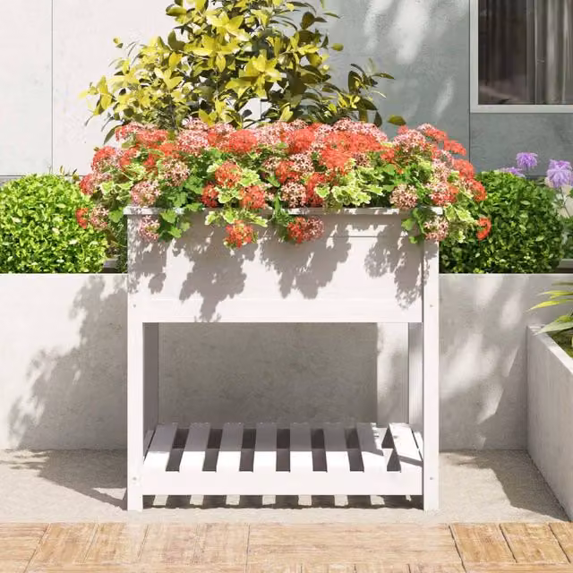 Berkfield Home White Solid Wood Pine Planter with Shelf, W: 82.5 cm, D: 82.5 cm, H: 81 cm – 1