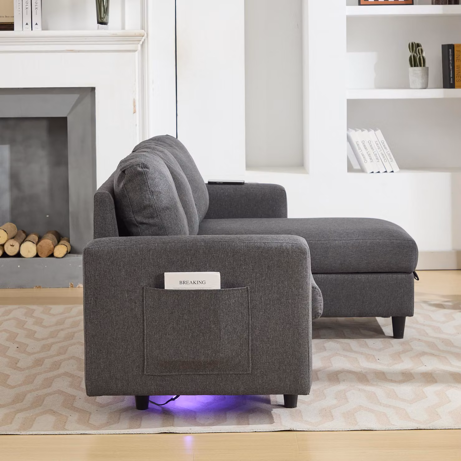 Aosom UK L-Shaped Reversible Corner Sofa in Grey with Hidden Storage and USB Charging, W/D/H: 180 x 120 x 72 cm – 7