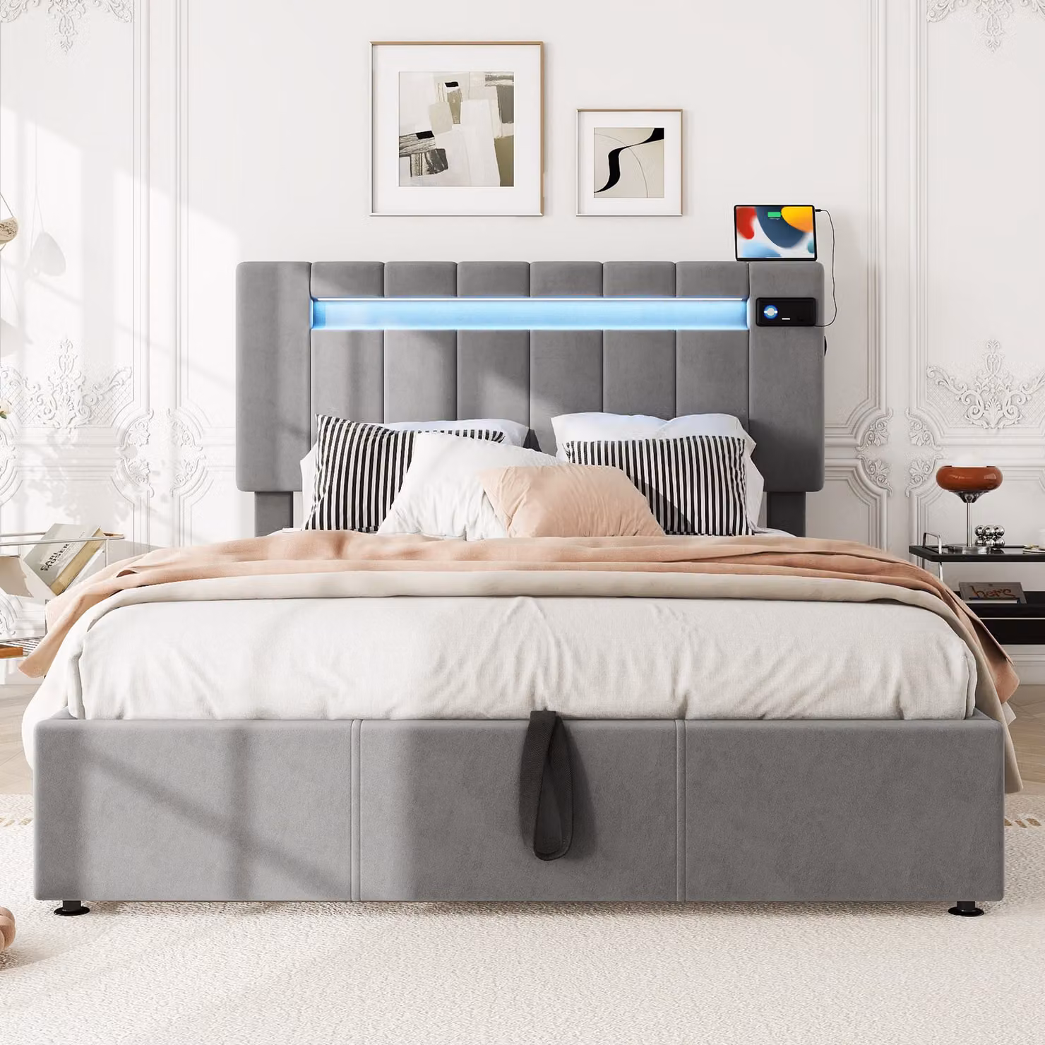 Aosom.UK Grey Velvet Upholstered Double Sofa Bed with Bluetooth Stereo, USB Ports, LED Lighting and Hydraulic Storage, W/D/H: 198 x 150 x 120 cm – 4