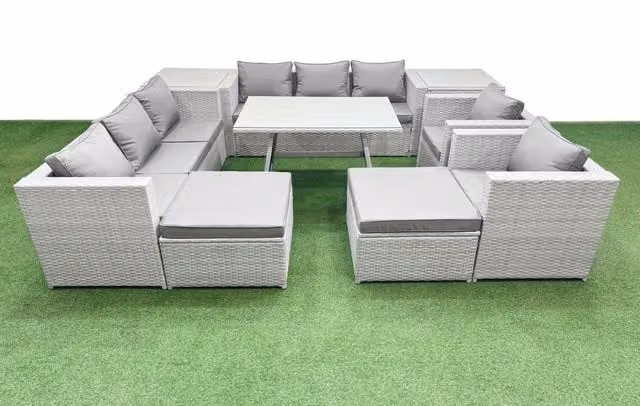 Fimous 10 Seater Modern Garden Furniture Set in Light Grey with 2 Large Stools and 2 Side Tables