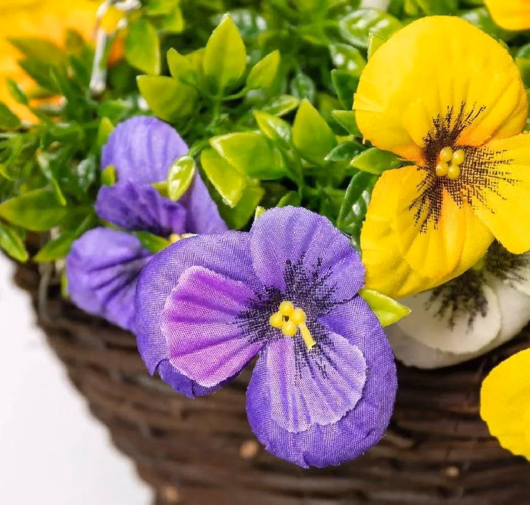 Primrose Artificial Pansy Flowers in a Rattan Hanging Basket, Yellow, Purple and White, Diameter: 25 cm – 4
