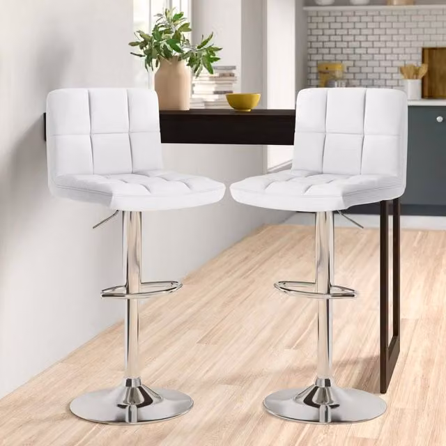 Neo White Faux Leather Cuban 360 Degree Swivel Bar Stools, Set of 2