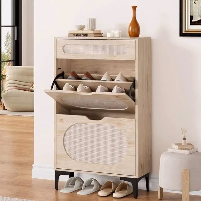 VOGREX Narrow Brown Rattan Shoe Cabinet with 2 Tilting Doors and Pull-Out Drawer – 1