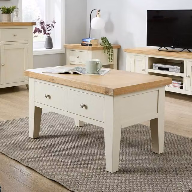 Home Source Melbourne 2 Drawer Coffee Table with Oak Top and Metal Handles in White W/D/H: 90 x 55 x 50 cm