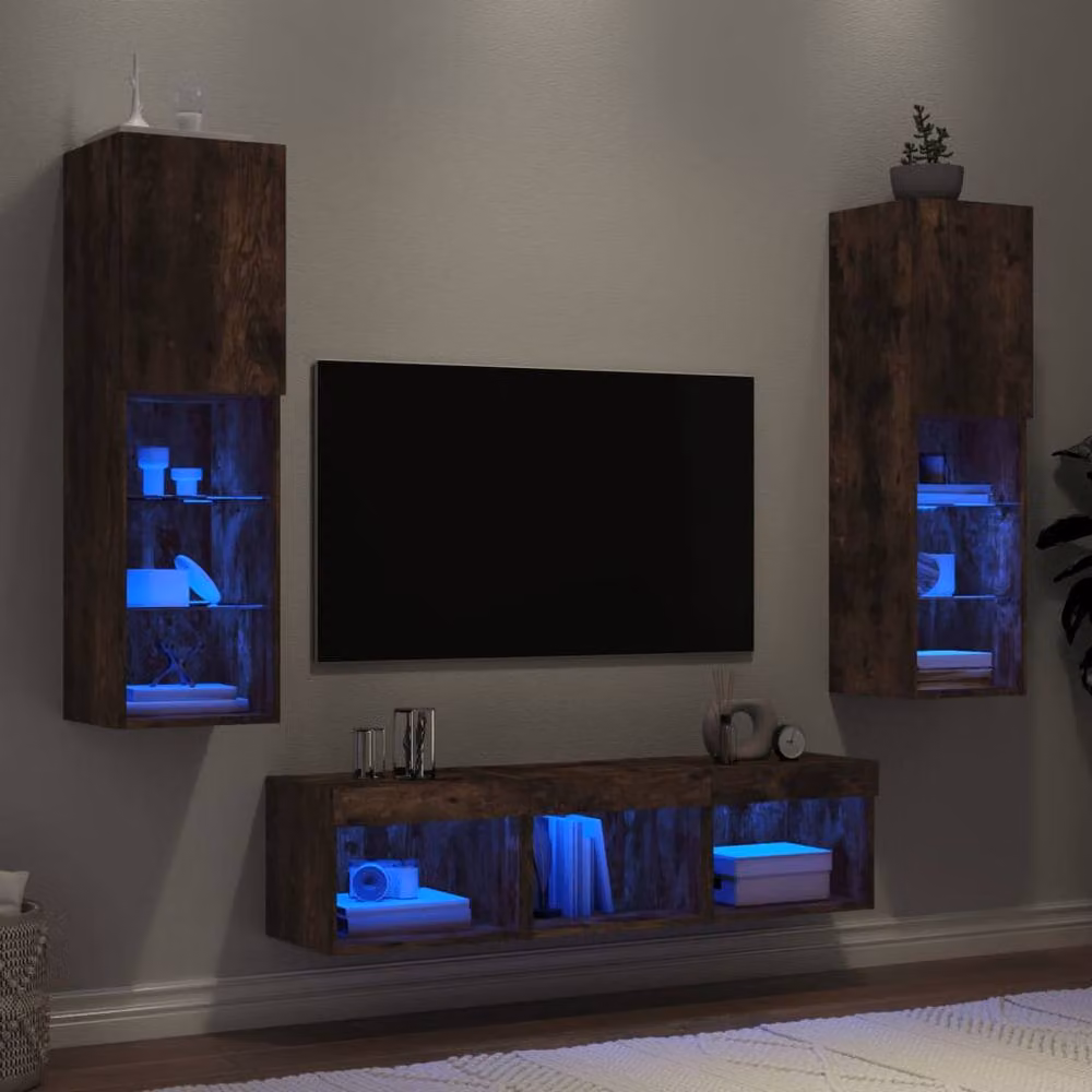 Berkfield Home 5 Piece Modern TV Wall Unit Set in Smoked Oak and Brown with Integrated LED Lighting – 2