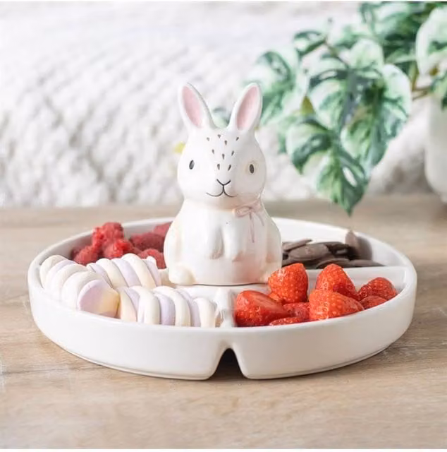 KDMD Spring Bunny Ceramic Chip and Dip Snack Plate in White