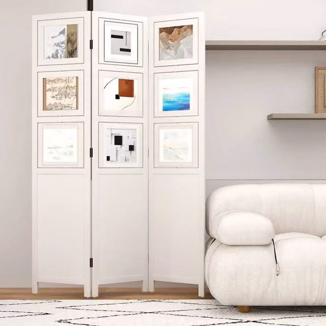 KORVIXA White Room Divider with 9 Swivel Photo Frames, H 170 cm x W 121 cm x D 5.5 cm