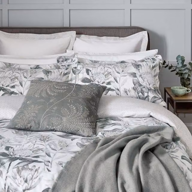Sanderson King Protea Super Kingsize Cotton Mako Satin Duvet Cover and Pillowcase Set, Grey Floral