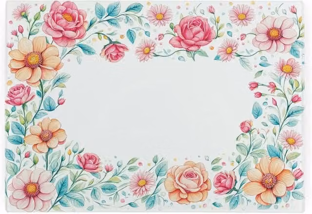 Purely Home Pink Floral Border Smooth Glass Worktop Saver Rectangular Small Chopping Board in Pink and Multicolour