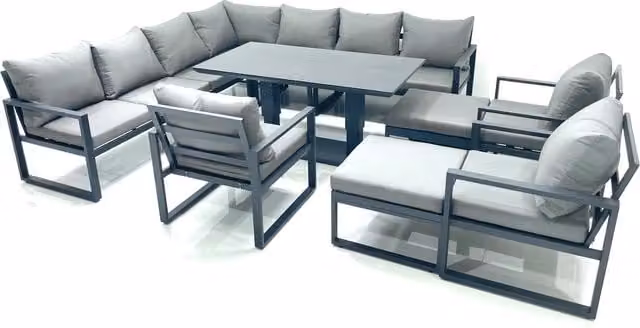 Fimous 12-Seater Outdoor Garden Set with Adjustable Rectangular Glass Top Table in Dark Grey and Black